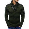 Pánský svetr s elegantním límcem a zipem na rukávu v khaki barvě