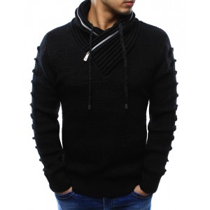 Černé pánské pletené svetry s límcem a dlouhými šňůrkami