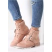 Růžové dámské zimní boty na nízkém podpatku s přezkou a tkaničkami