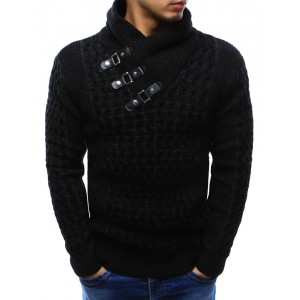 Elegantní teplé pánské pulovry černé barvy s dekoračními přezkami