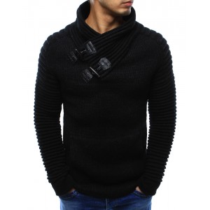 Černé pánské bavlněné svetry s vysokým límcem a klokaní kapsou
