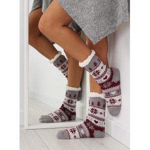 Hřejivé dámské ponožky bordovo šedé barvy