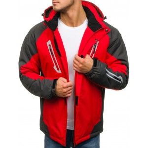 Červená pánská lyžařská bunda s kapucí a kapsami na zip