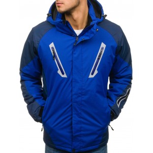 Modrá zateplená pánská lyžařská bunda na zip s kapsami a kapucí