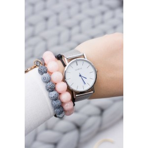 Elegantní stříbrné dámské hodinky s kovovým řemínkem a modrými ručičkami