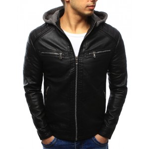Pánská černá kožená bunda s kapucí a dvěma kapsy na zip