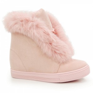 Dámské semišové zimní boty s kožíškem v růžové barvě