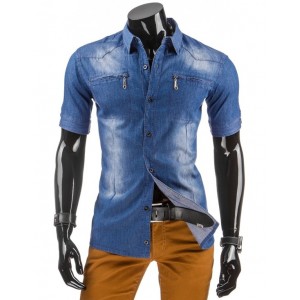 Riflová pánská košile modré barvy s krátkým rukávem a náprsními kapsami