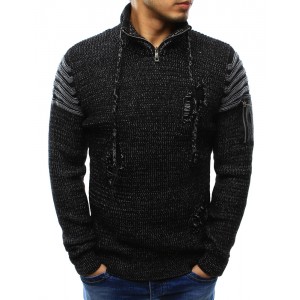 Moderní pánský svetr v černé barvě s dírami a šňůrkami