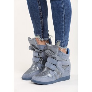 Lesklé dámské kotníkové boty na platformě modré barvy