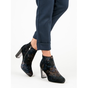 Luxusní kotníkové boty s kovovým podpatkem a modro-zlatými květy