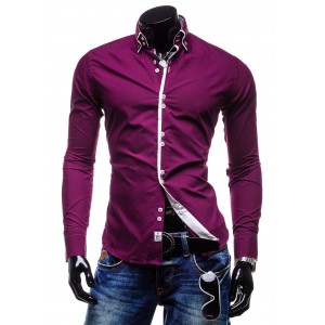Slim fit pánská košile purpurové barvy s dlouhým rukávem BOLF
