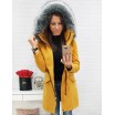 Dámský žlutý kabát na zimu s odnímatelnou kapucí a zapínáním na zip