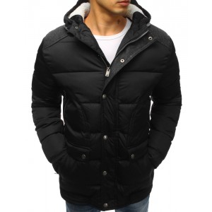 Moderní černá bunda na zimu originálního střihu a designu s kapucí