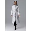 Elegantní dlouhý dámský kabát v šedé barvě s páskem a bočními kapsami