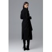 Dlouhý dámský černý kabát s módním stojáčkem a páskem v oblasti pasu