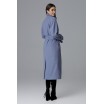 Dámský dlouhý kabát na zimu v modré barvě se stojáčkem a páskem