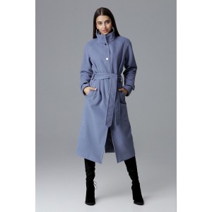Dámský dlouhý kabát na zimu v modré barvě se stojáčkem a páskem