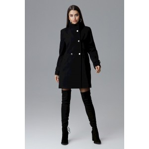 Stylový černý dámský zimní kabát nad kolena s dvouřadým zapínáním