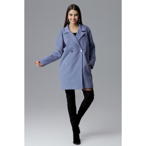Oversize modrý dámský zimní kabát sakového střihu