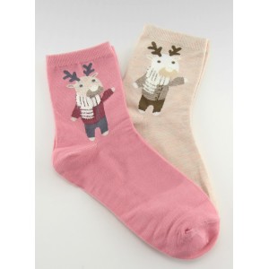 Barevné dámské ponožky růžové a béžové barvy s motivem soba