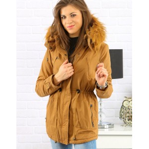 Hořčicová dámská zimní bunda s odnímatelnou kožešinovou kapucí