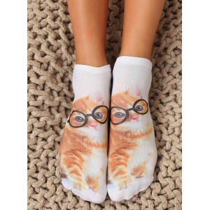 Bílé dámské kotníkové ponožky s motivem kočky s brýlemi