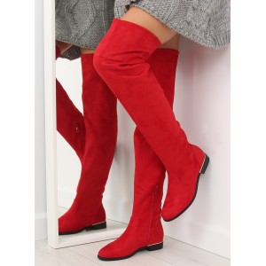 Dámské kozačky nad kolena v červené barvě s ozdobným podpatkem