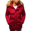 Pánská červená zimní bunda s kožešinou a zapínáním na knoflíky a zip